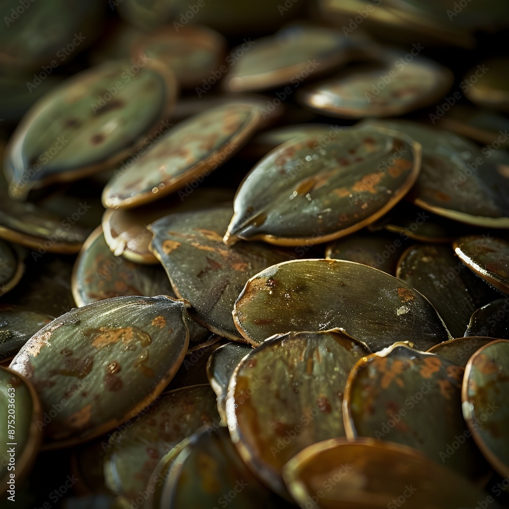Macro Close up of Vibrant Pumpkin Seeds with Reflective Oily Textures Macro Close up of Vibrant Pumpkin Seeds with Reflective Oily Textures