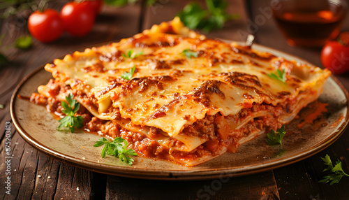 Classic Lasagna with bolognese sauce on plate on wooden table