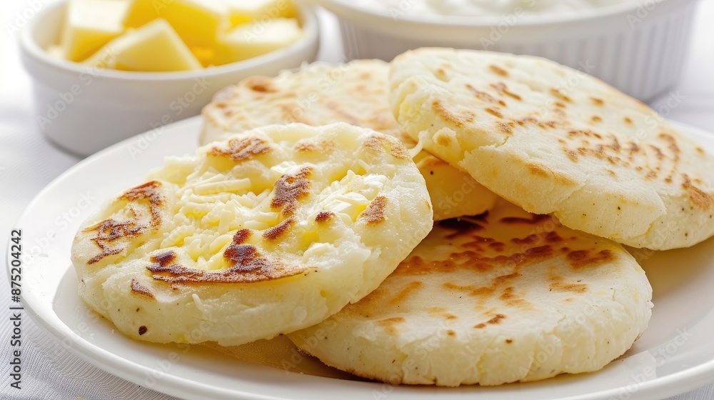 A plate of Colombian arepas with cheese and butter on a white background A plate of Colombian arepas with cheese and butter on a white background