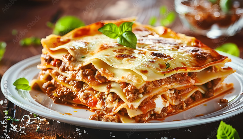 Classic Lasagna with bolognese sauce on plate on wooden table Classic Lasagna with bolognese sauce on plate on wooden table