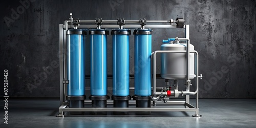Cyan industrial water filtration system purifying water on charcoal background, industrial, water, filtration, system
