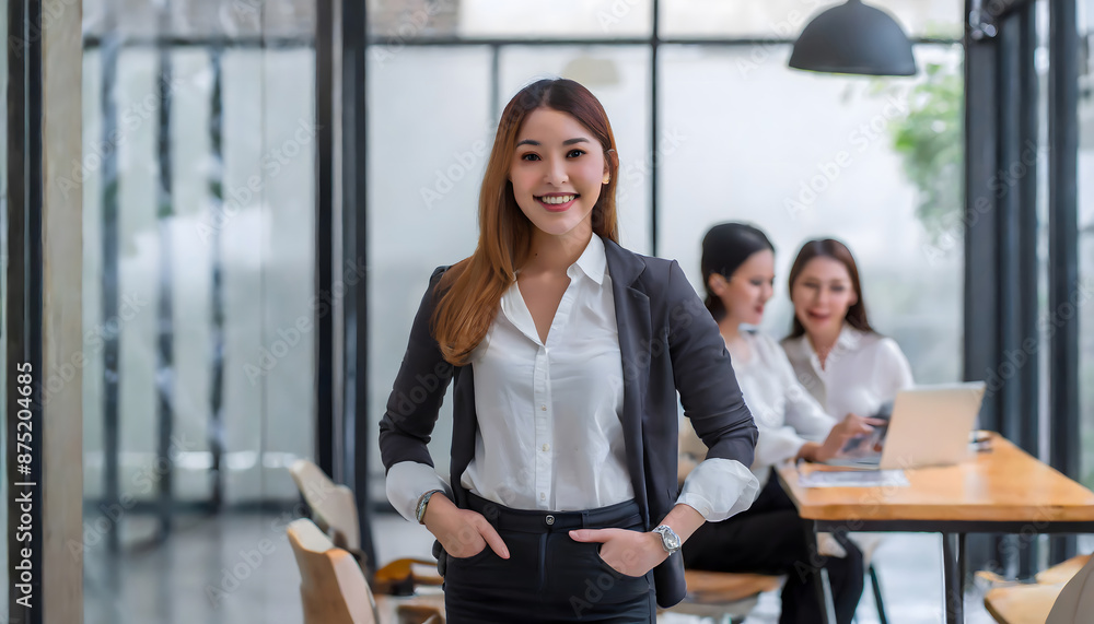 Obraz premium Shot of successful business team posing for presentation of work while looking at camera. Generative AI.