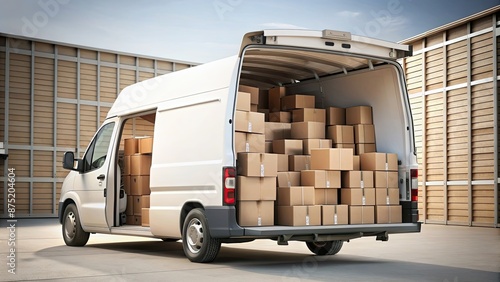 Delivery van piled high with cardboard boxes, Delivery, van, truck, transportation, logistics, shipping, packages © Sujid