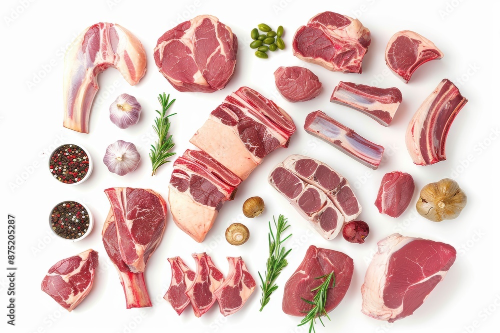 vibrant fresh meat assortment, butcher's selection element, realistic digital rendering, detailed and colorful, isolated on white background vibrant fresh meat assortment, butcher's selection element, realistic digital rendering, detailed and colorful, isolated on white background