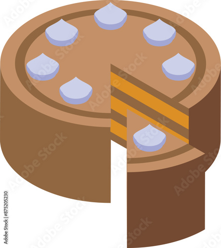 Round chocolate cake with cream topping being sliced, isolated on white background, in isometric view