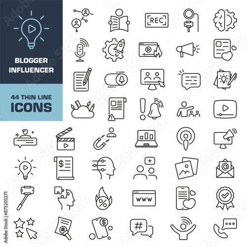 Blogger icon. Blogger icon set. Influence symbols set. Linear style.