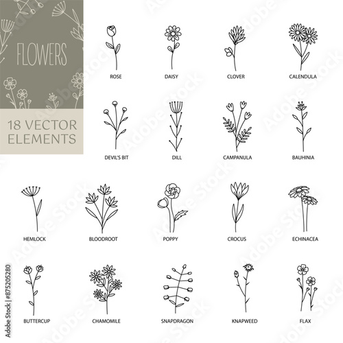 Flower icons. Flower icon set. Line art style.