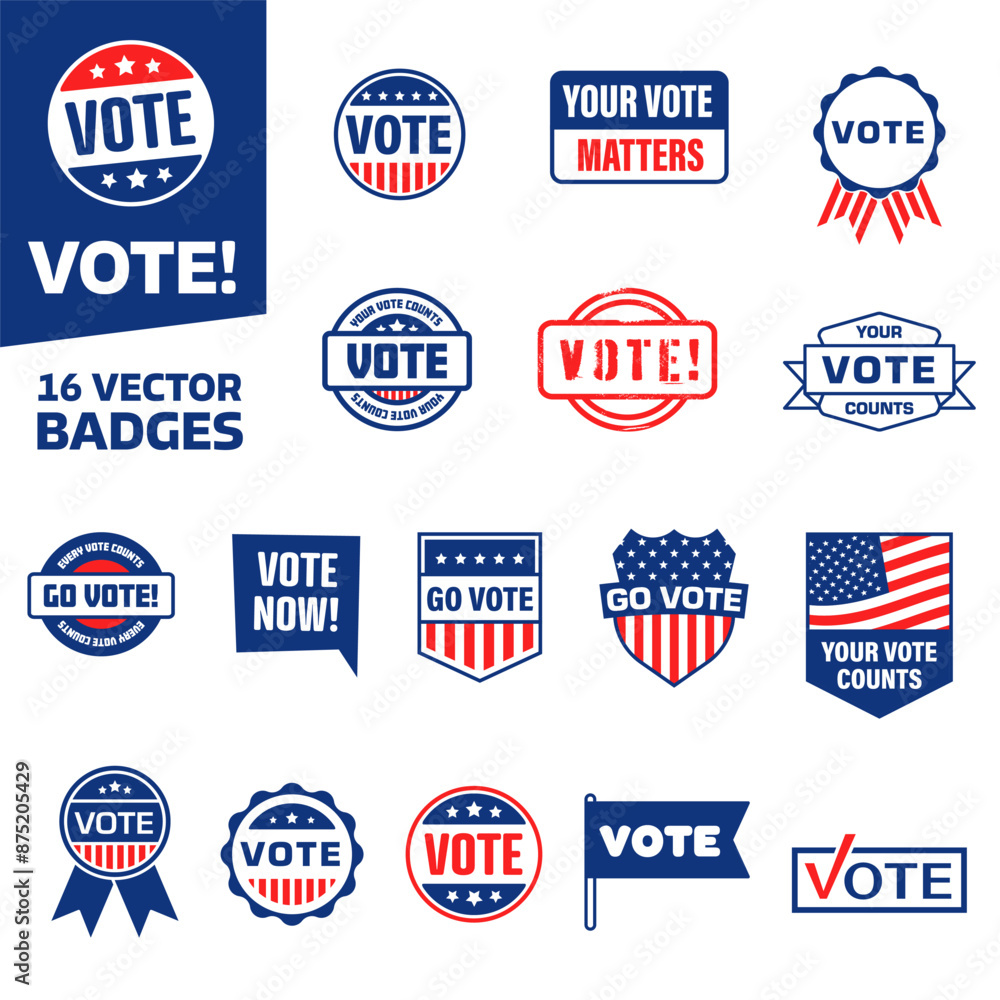 Vote badges. Vote badges set. Flat style. Vote stamp. Vote badges. Vote badges set. Flat style. Vote stamp.