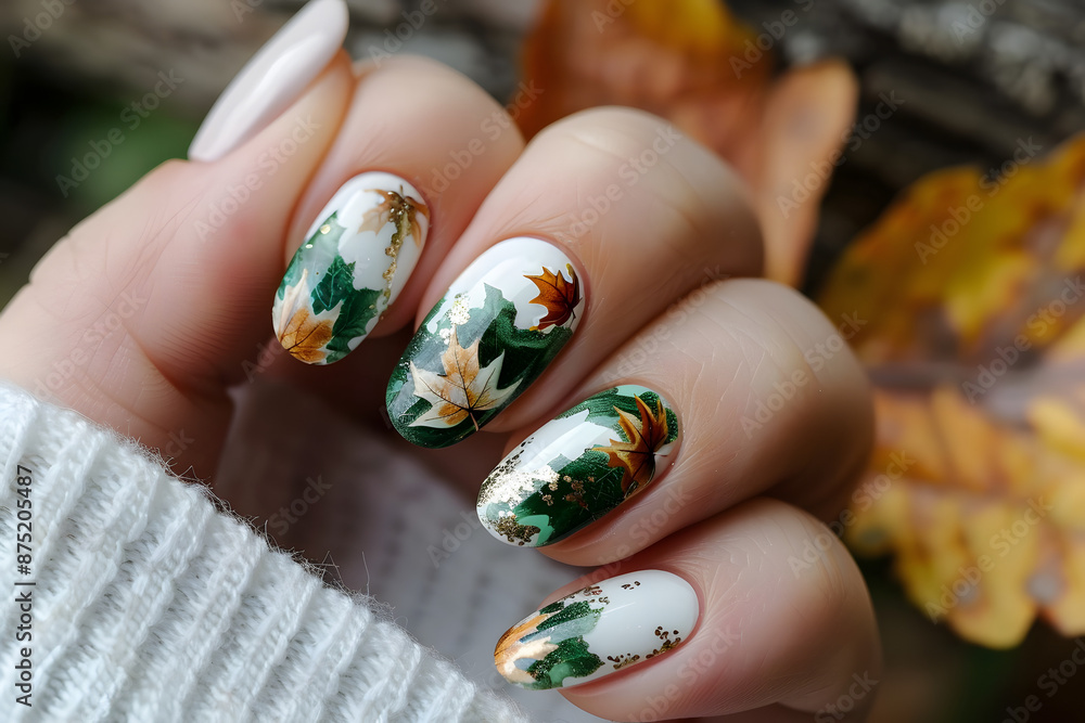 Fall Season Nail Art: Autumn-Inspired Green and White Design with Brown Leaves Fall Season Nail Art: Autumn-Inspired Green and White Design with Brown Leaves