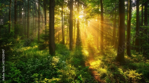 Wallpaper Mural Warm light of the golden hour shining through a forest, highlighting the green foliage Torontodigital.ca