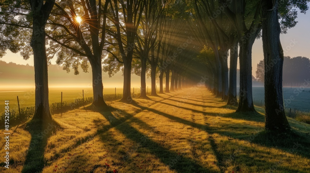 Obraz premium Row of trees casting elongated shadows during a tranquil sunrise