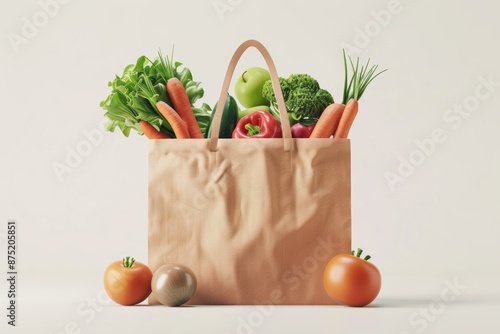 luxury bag of groceries, high-end produce element, realistic 3D rendering, elegant packaging, isolated on white background photo