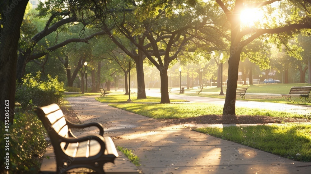 Quiet urban park scene at sunrise, soft light and long shadows creating a peaceful mood Quiet urban park scene at sunrise, soft light and long shadows creating a peaceful mood