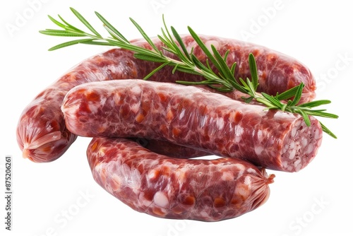 fresh sausages, butcher's selection element, realistic digital rendering, plump and savory, isolated on white background
