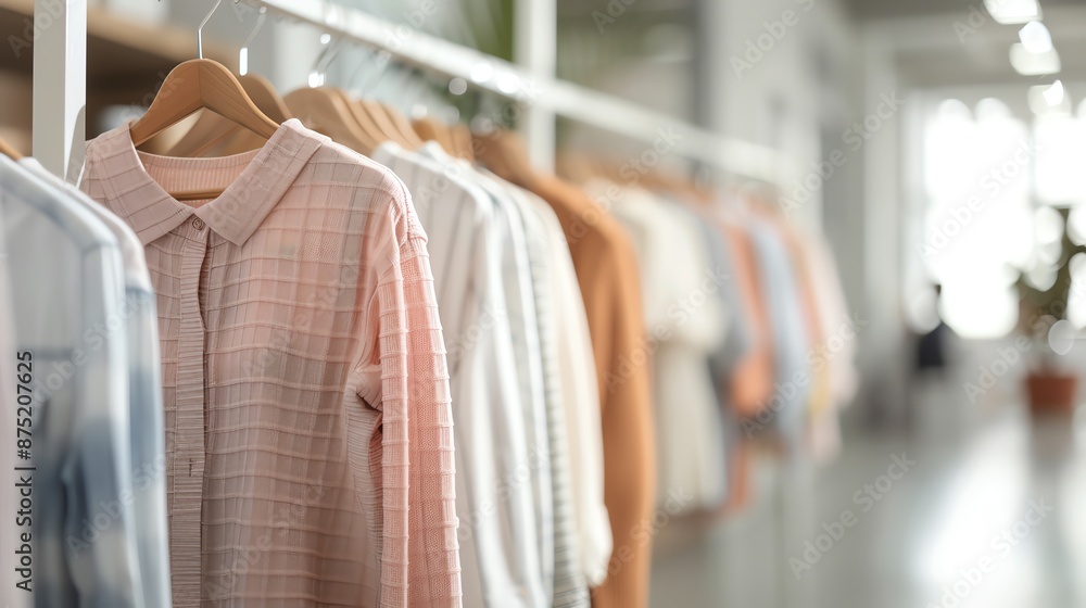 Close-up of clothing on hangers in a retail store, showcasing a variety of styles and colors. Close-up of clothing on hangers in a retail store, showcasing a variety of styles and colors.