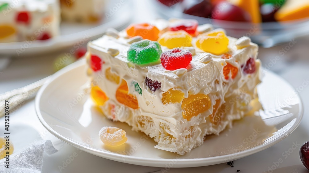 A serving of Italian cassata with candied fruits on a white plate. A serving of Italian cassata with candied fruits on a white plate.