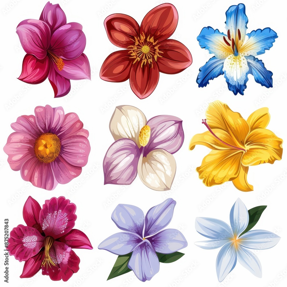 A vibrant collection of diverse tropical flowers with intricate details and vivid colors. A vibrant collection of diverse tropical flowers with intricate details and vivid colors.