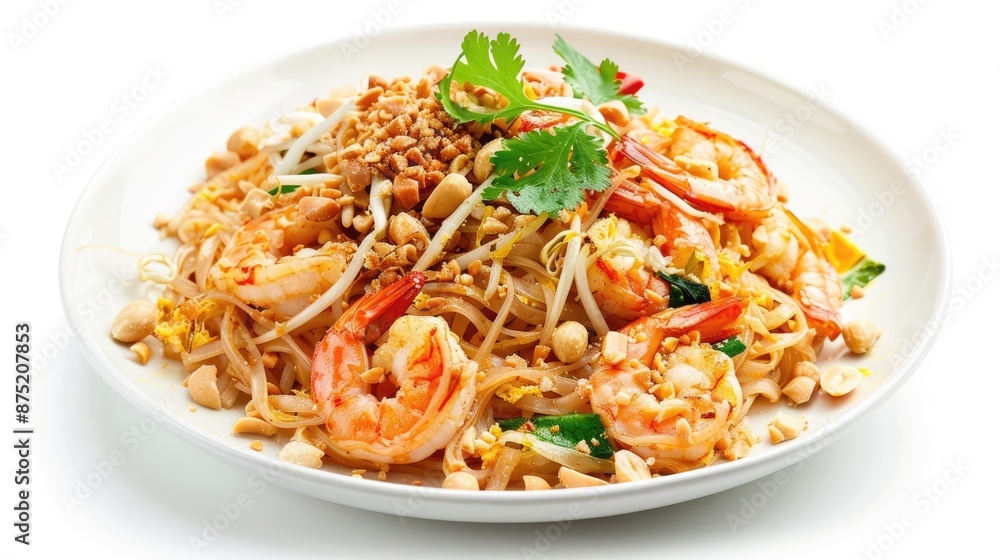 A serving of Thai pad thai with shrimp and peanuts on a white background. A serving of Thai pad thai with shrimp and peanuts on a white background.