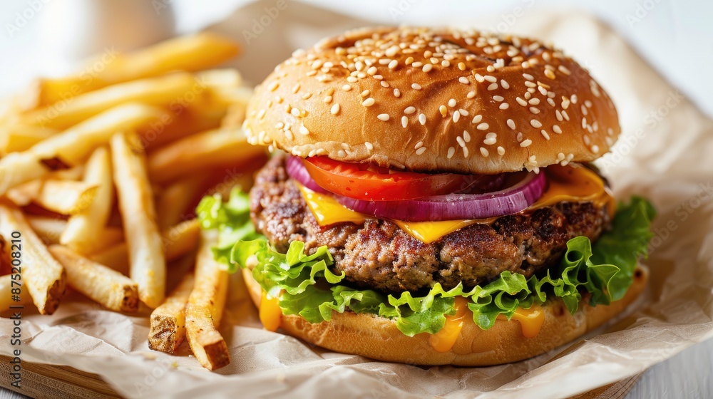 A traditional American burger with cheese, lettuce, and tomato, served with fries on a white background A traditional American burger with cheese, lettuce, and tomato, served with fries on a white background