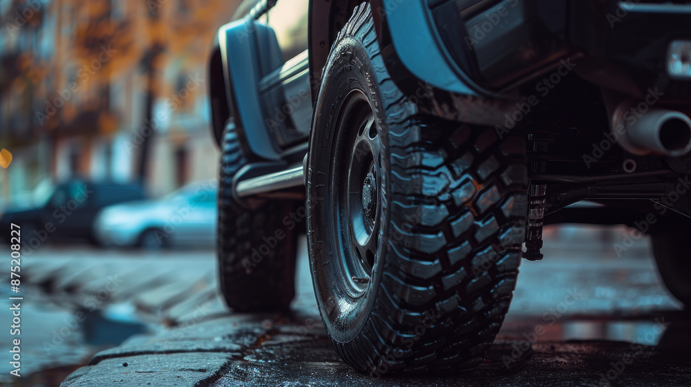 The back wheel of a black vehicle is seen from the front. The back wheel of a black vehicle is seen from the front.