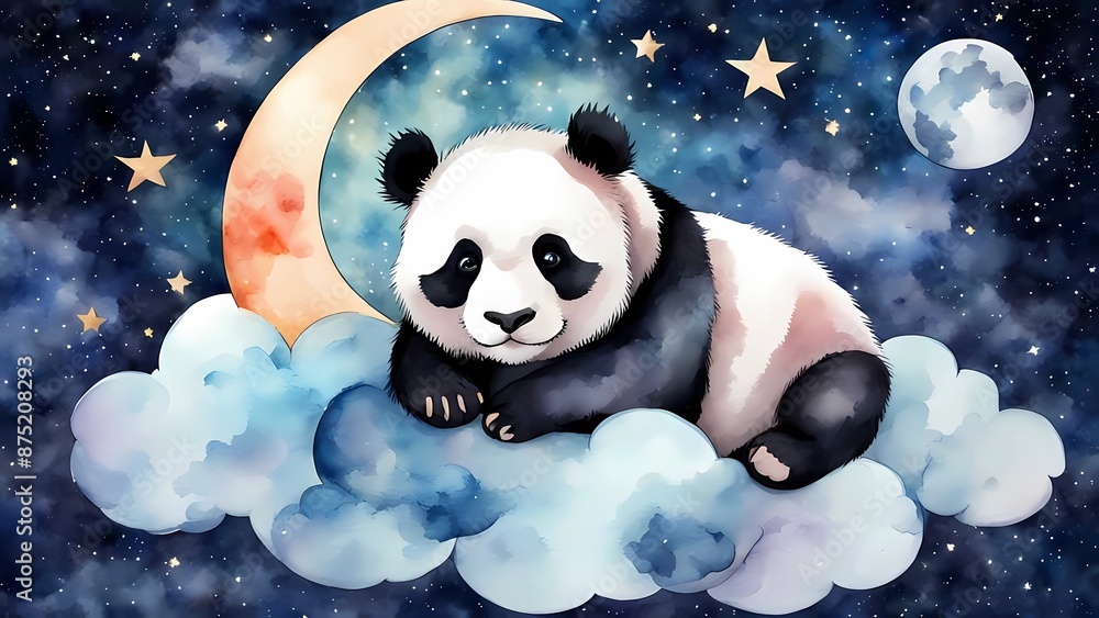 A panda bear is sleeping on a cloud in the sky. The sky is filled with stars and the moon is visible in the background. The painting has a dreamy and peaceful mood A panda bear is sleeping on a cloud in the sky. The sky is filled with stars and the moon is visible in the background. The painting has a dreamy and peaceful mood
