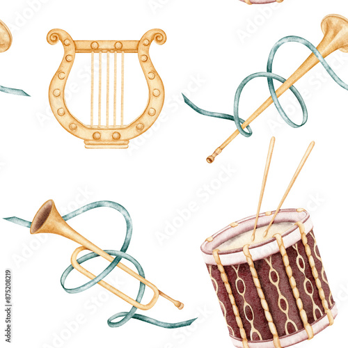 Seamless pattern with antique musical instruments. Lyre, drum and fanfare trumpets. Vintage style hand drawn watercolor illustration isolated on transparent background. For fabrics or wallpapers photo