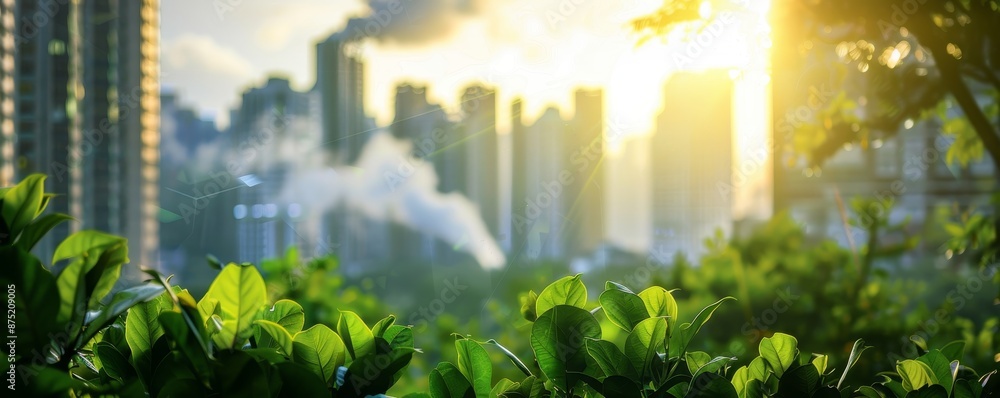 Lush green foliage in the foreground with a sunlit urban skyline in the background, depicting the contrast between nature and city life. Lush green foliage in the foreground with a sunlit urban skyline in the background, depicting the contrast between nature and city life.