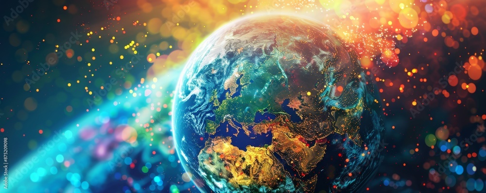 Vibrant and colorful depiction of Earth in space, showcasing the beauty and diversity of our planet with bright, swirling colors. Vibrant and colorful depiction of Earth in space, showcasing the beauty and diversity of our planet with bright, swirling colors.