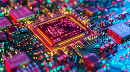 Close-up of a colorful and detailed microchip on a circuit board, illustrating advanced technology and electronic innovation.