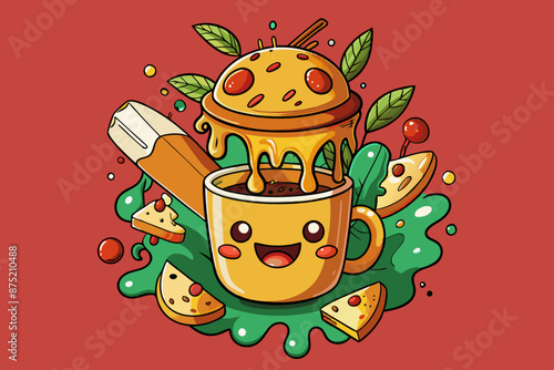 A humorous and unique t-shirt design featuring a vector illustration of a coffee. The coffee appears to be indulgent, filled with various ingredients and dripping with cheese