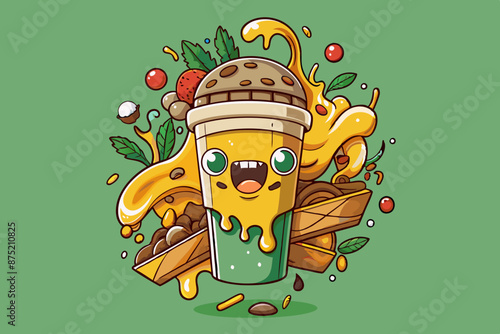 A humorous and unique t-shirt design featuring a vector illustration of a coffee. The coffee appears to be indulgent, filled with various ingredients and dripping with cheese