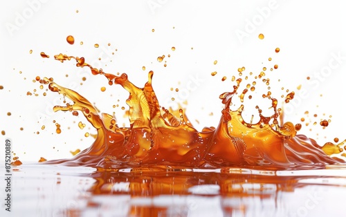 A vibrant orange liquid splashes and creates a dynamic pattern against a clean white background.