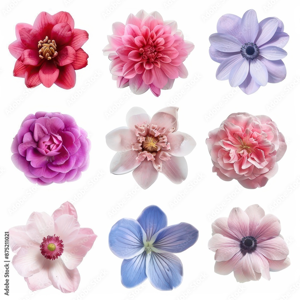 Set of nine colorful flowers with petals in various shades of pink, purple, and blue Set of nine colorful flowers with petals in various shades of pink, purple, and blue