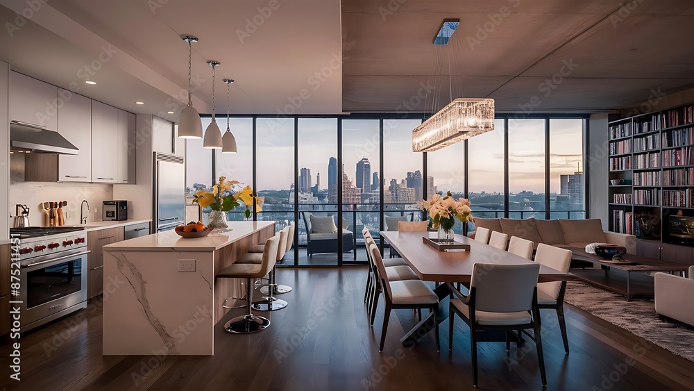 Fototapeta premium Modern condo kitchen dining and living room