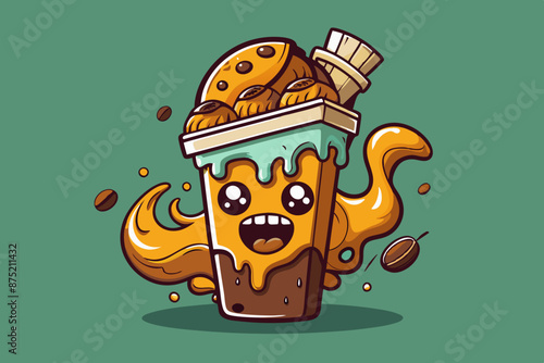 A humorous and unique t-shirt design featuring a vector illustration of a coffee. The coffee appears to be indulgent, filled with various ingredients and dripping with cheese