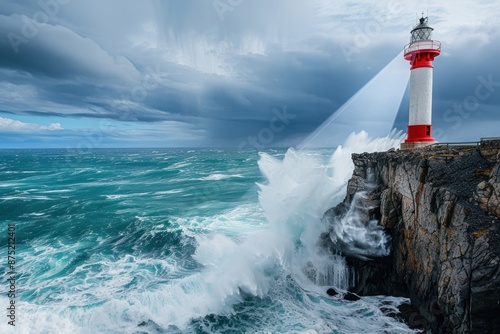 Old red and white lighthouse with light beams in the stormy sea with large waves crashing on the cliff. ai generative photo