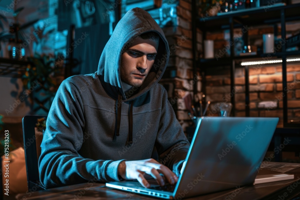 anonymous computer hacker wearing a dark hoodie, stealing data from a laptop. ai generative anonymous computer hacker wearing a dark hoodie, stealing data from a laptop. ai generative