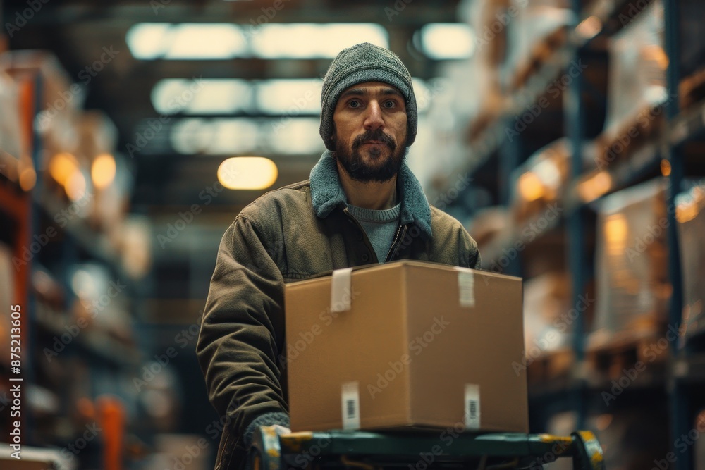 man working in a Wearhouse with box over a hand trolley with a big parcels. ai generative man working in a Wearhouse with box over a hand trolley with a big parcels. ai generative