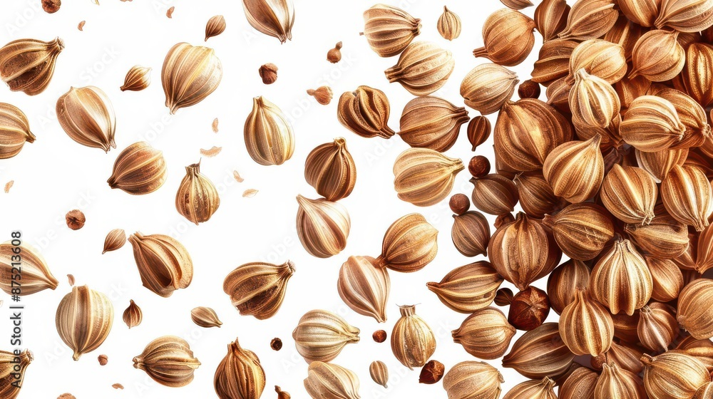 Obraz premium Coriander seeds closeup clipart, detailed element, vector design, brown shades, isolated on white background