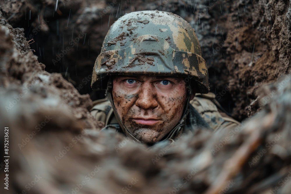 military man with a dirty face in a helmet and body armor in a trench in the rain. ai generative military man with a dirty face in a helmet and body armor in a trench in the rain. ai generative