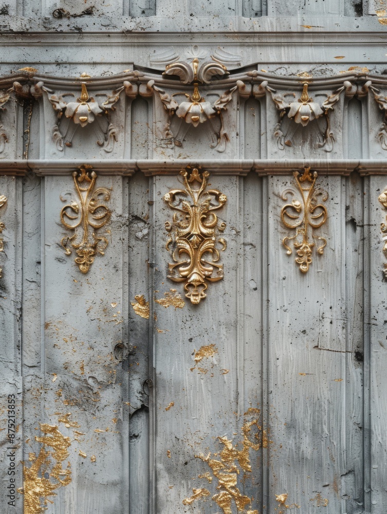 Bas relief pattern on concrete wall. Volumetric golden floral molding on a concrete wall with golden elements. Bas relief pattern on concrete wall. Volumetric golden floral molding on a concrete wall with golden elements.