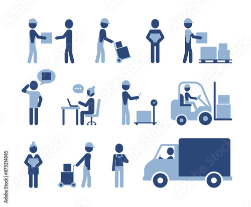 Logistic shopping delivery flat set of isolated icons pictogram signs and human characters vector illustration. Color pictograms logistic concept.