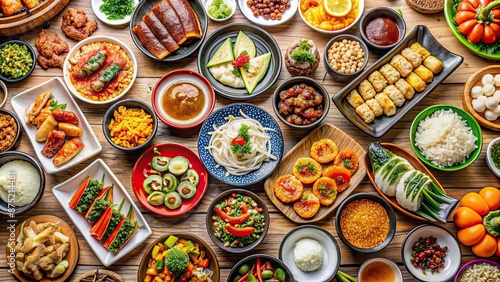 Close-up of a table full of various delicious and colorful food items for a Mukbang eating show, food, eating, social media photo