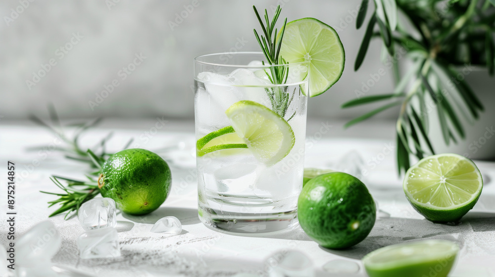 Refreshing healthy drink for summer, mix of soda and fresh lime in the glass, surrounded by ice and lime slices on white background, side view Refreshing healthy drink for summer, mix of soda and fresh lime in the glass, surrounded by ice and lime slices on white background, side view