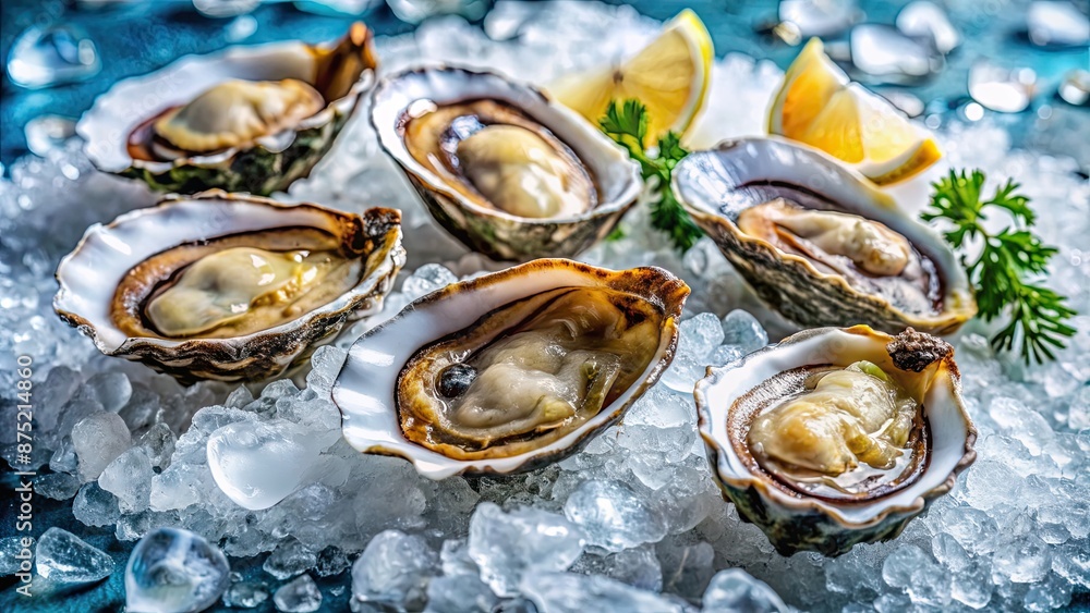 Close-up photo of fresh oysters on a bed of ice, oysters, fresh, seafood, gourmet, delicacy, raw, shellfish Close-up photo of fresh oysters on a bed of ice, oysters, fresh, seafood, gourmet, delicacy, raw, shellfish