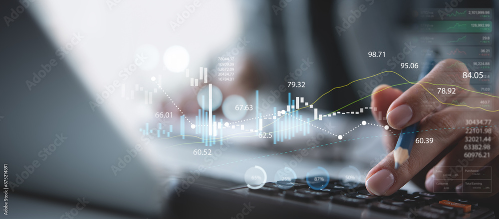 Fototapeta premium Financial accounting, business and investment concept, Accountant doing finance, calculating financial report with business graph growth chart, budget and tax management, market analysis
