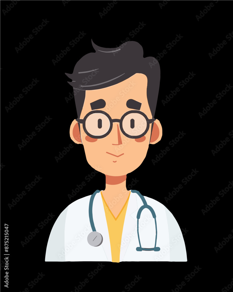 Doctor wearing glasses and white coat with stethoscope. Professional character portrait icon vector art isolated on a transparent background. Doctor wearing glasses and white coat with stethoscope. Professional character portrait icon vector art isolated on a transparent background.