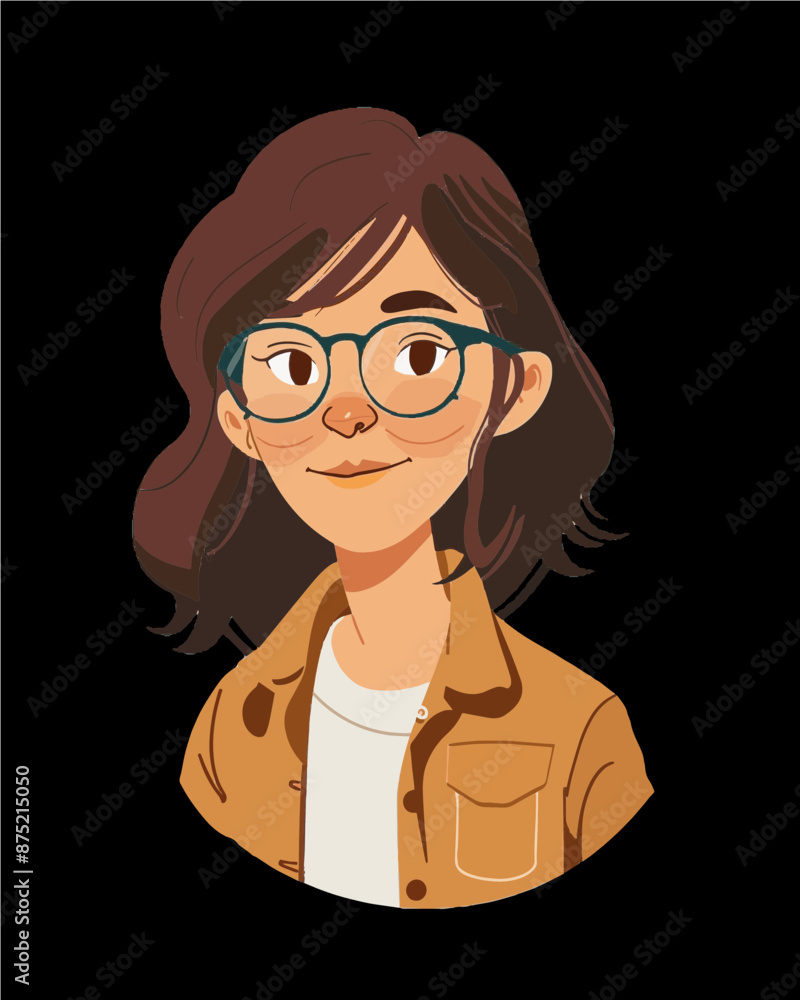 Girl with short curly shoulder length brown hair wearing glasses. Professional character portrait icon vector art isolated on a transparent background. Girl with short curly shoulder length brown hair wearing glasses. Professional character portrait icon vector art isolated on a transparent background.