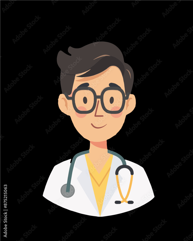 Young doctor wearing eye glasses profile picture. Professional character portrait icon vector art isolated on a transparent background. Young doctor wearing eye glasses profile picture. Professional character portrait icon vector art isolated on a transparent background.