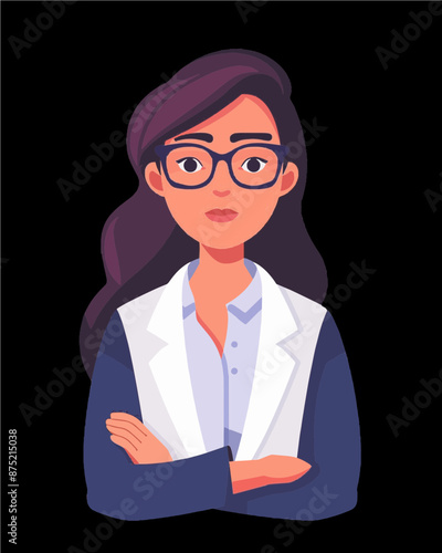 Confident female scientist or doctor character in modern style. Professional character portrait vector isolated on a transparent background.